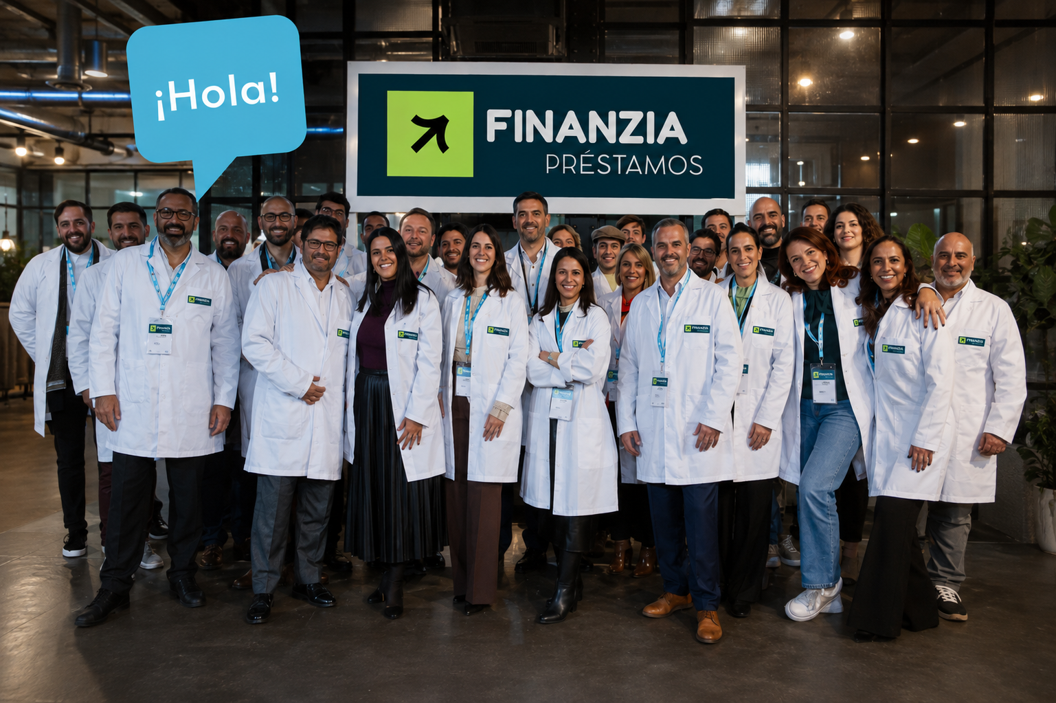 Equipo profesional de FINANZIA PRÉSTAMOS posando en un evento.